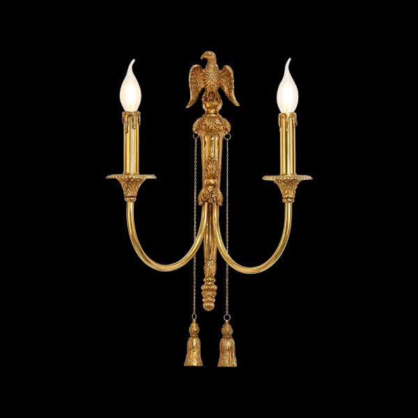 Detailed product shot of the French hotel decor wall lamp, showcasing the eagle, lit candle bulbs, and ornate chains.