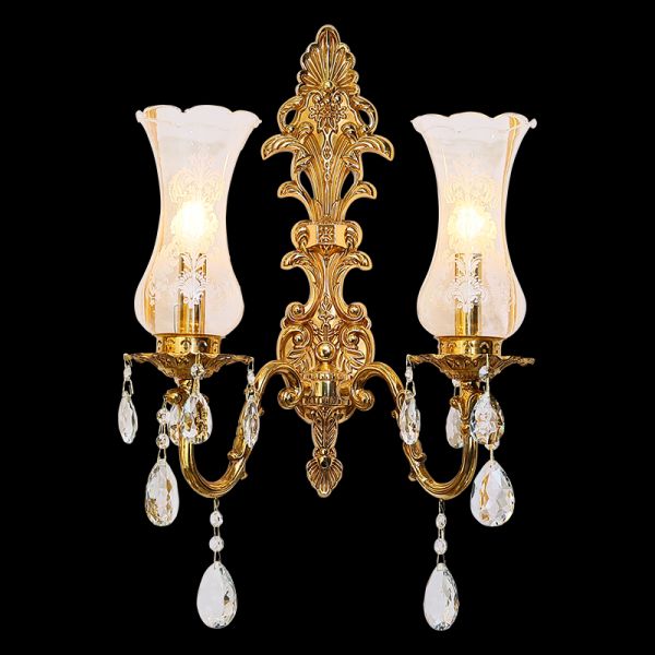 Front view of the JEWELLERY TOP Royal Cornet dual-light brass sconce with trumpet glass shades and crystal drops.