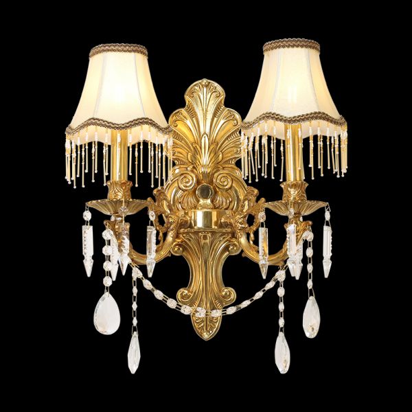 Versailles Rêve Rococo Brass Wall Sconce with two fabric shades and crystal tassels on a black background.