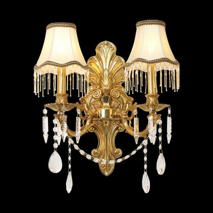 Versailles Rêve Rococo Brass Wall Sconce with two fabric shades and crystal tassels on a black background.
