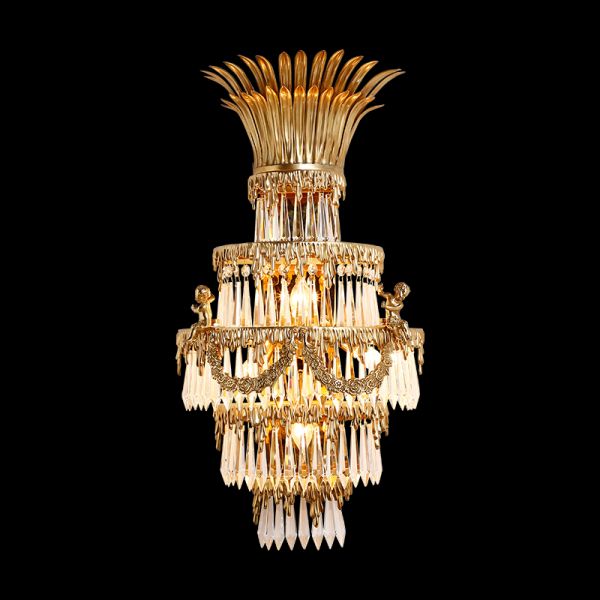 Front view of the Radiant Angelique brass wall sconce with a central cherub and crystal cascade, JEWELLERY TOP.