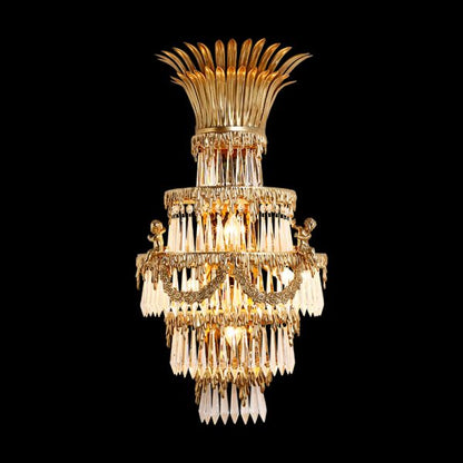 Front view of the Radiant Angelique brass wall sconce with a central cherub and crystal cascade, JEWELLERY TOP.