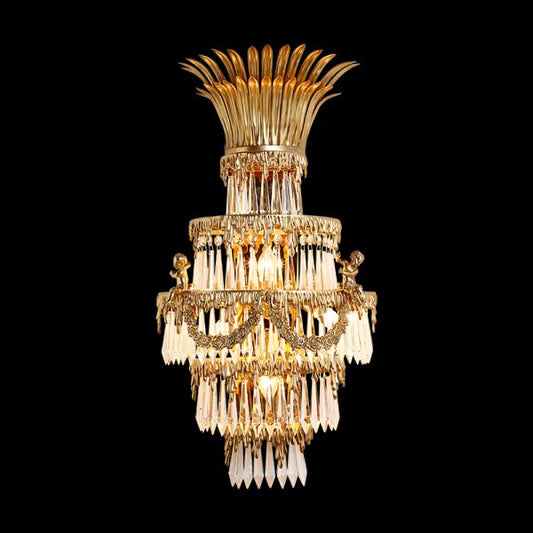 Front view of the Radiant Angelique brass wall sconce with a central cherub and crystal cascade, JEWELLERY TOP.