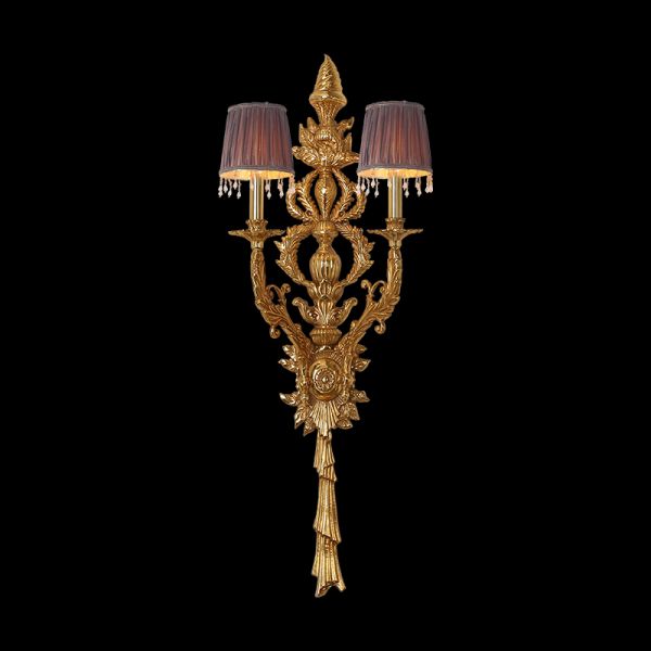 Front view of the Baroque Soleil golden brass wall sconce with two fabric shades and crystal fringes on black.