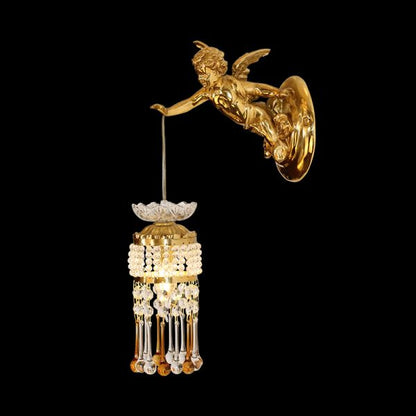 Detailed product shot of the JEWELLERY TOP branded angel wall lamp with a crystal and amber bead shade.