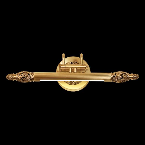 JEWELLERY TOP Lumière Linéaire brass wall lamp, a long golden light bar with decorative end balls, isolated on black.