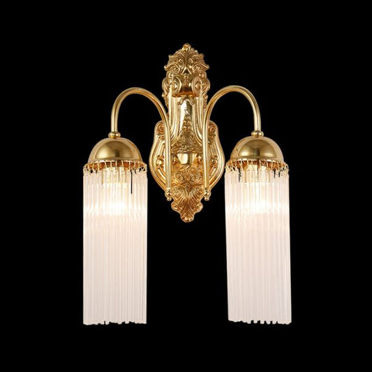 Cascade de Cristal Brass Wall Sconce with crystal droplets and glass shades on a dark background.