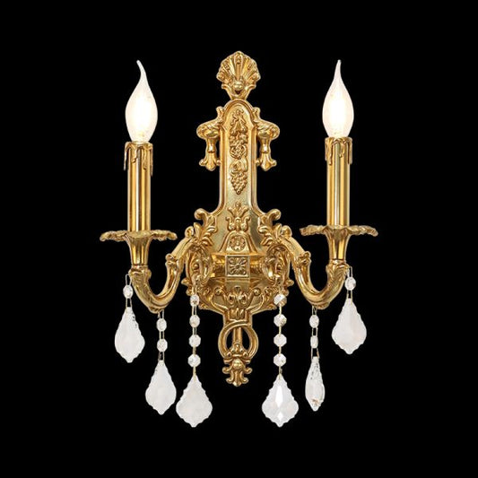 Château de Lumière Brass Wall Sconce with crystal droplets and candle bulbs on a dark background.