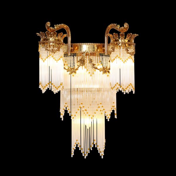 Front product view of the JEWELLERY TOP Elysian Cascade brass wall sconce with crystal curtains on a black background.