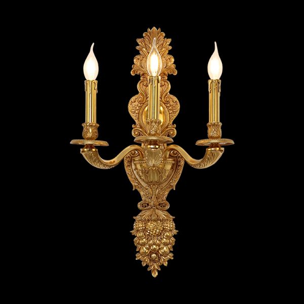 Trinity Flame Crown Brass Wall Sconce with three candle lights and ornate crown finial on black background, JEWELLERY TOP.