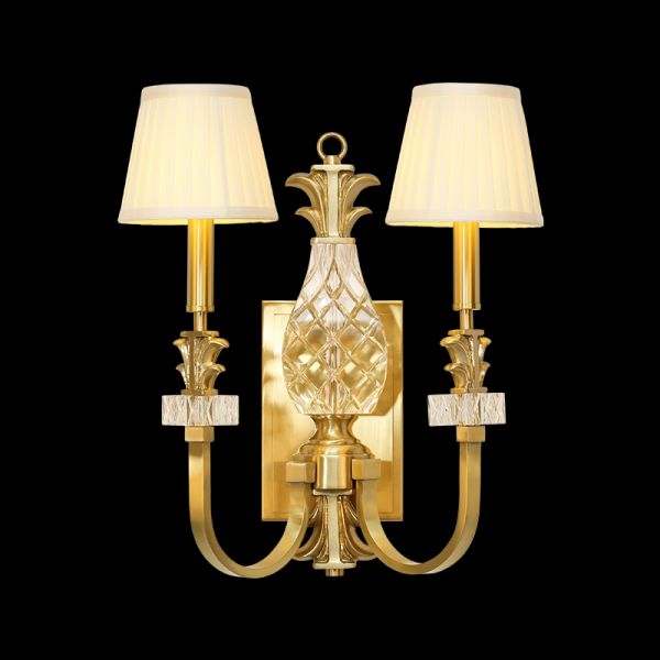 Front view of the Versailles Pineapple & Crystal brass wall sconce with two fabric shades on a dark background.