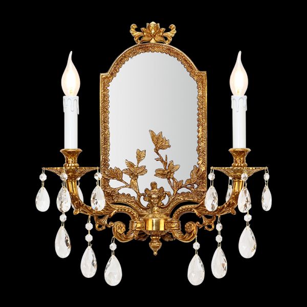 Versailles Mirror & Candelabra Brass Wall Sconce by JEWELLERY TOP, featuring an oval mirror with ornate frame and crystal drops.