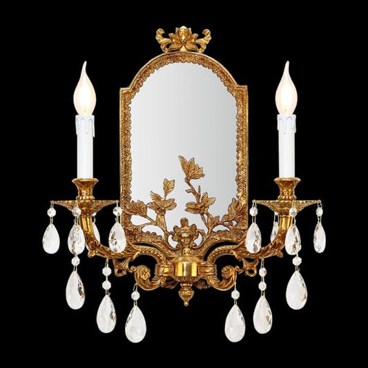Versailles Mirror & Candelabra Brass Wall Sconce by JEWELLERY TOP, featuring an oval mirror with ornate frame and crystal drops.