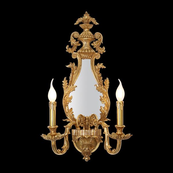 Front product shot of JEWELLERY TOP Belle Époque brass wall lamp with central mirror and two candle lights on black.