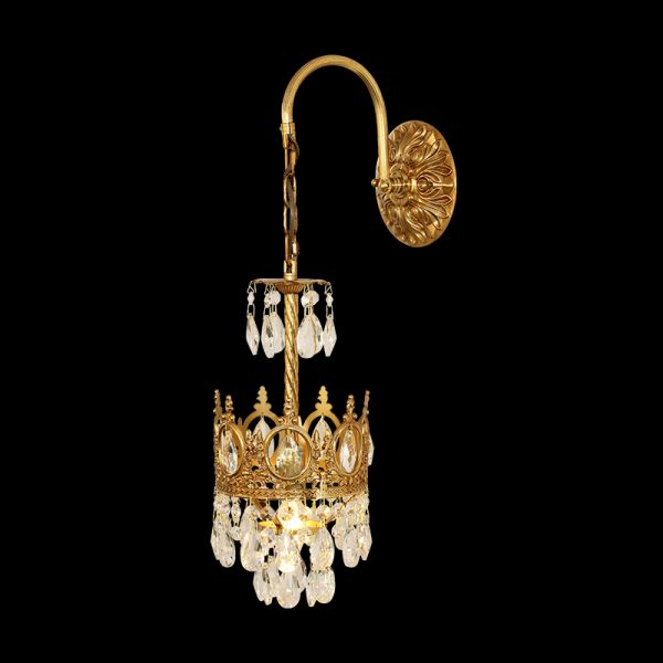 Royal Diadem Brass Wall Sconce with crown-shaped backplate and cascading crystal droplets on a dark background.