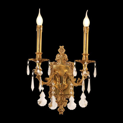Front view of the Versailles Château two-light brass wall sconce with fabric shades and crystal drops on a black background.
