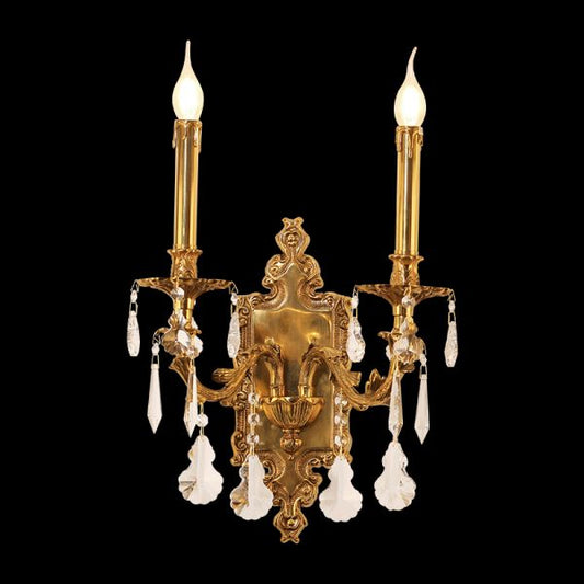 Front view of the Versailles Château two-light brass wall sconce with fabric shades and crystal drops on a black background.