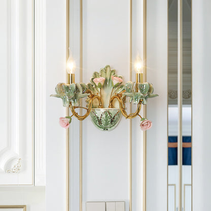 The installed wall lamp in a classic interior, complemented by floral artwork and soft furnishings.