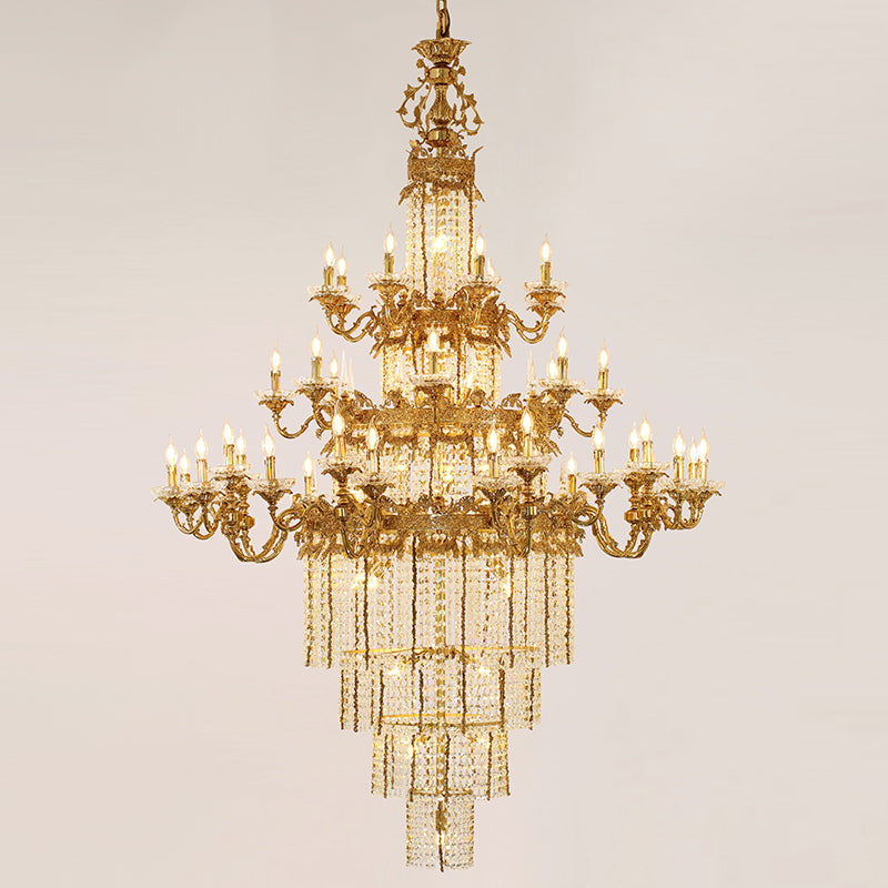 Detailed perspective of a classical villa brass chandelier with K9 crystal beads and candle lights.