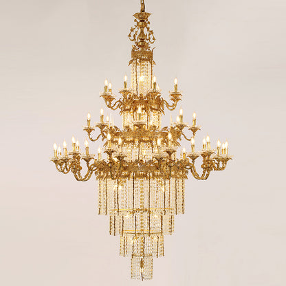 Detailed perspective of a classical villa brass chandelier with K9 crystal beads and candle lights.