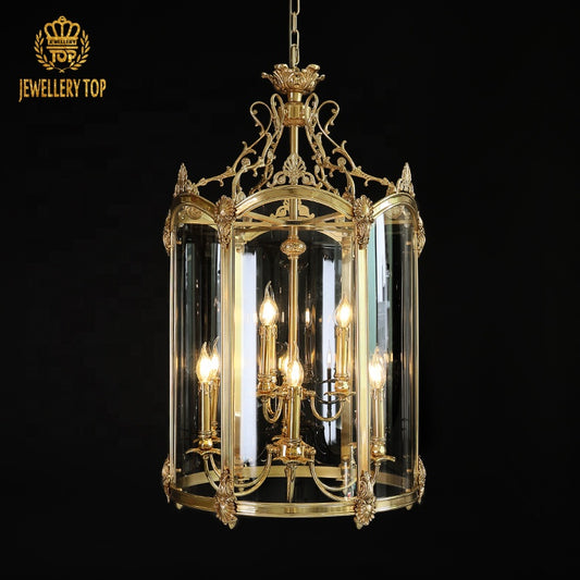 Garde Républicaine luxury brass pendant light with intricate carvings on black background, JEWELLERY TOP.
