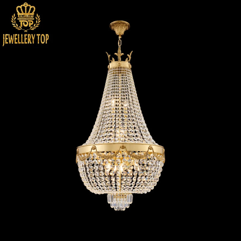 Full view of the Régence Cascade de Cristal luxury brass chandelier with crystal waterfall on black.