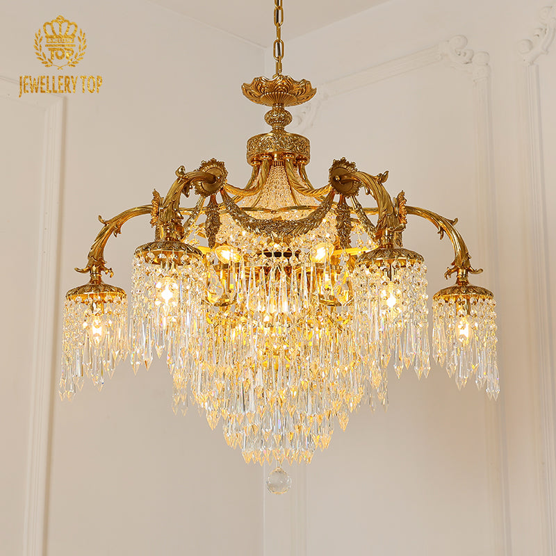 Full front view of the grand Galerie des Cristaux brass crystal chandelier from JEWELLERY TOP.