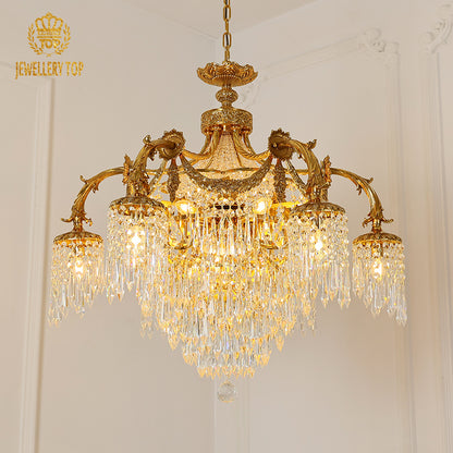 Full front view of the grand Galerie des Cristaux brass crystal chandelier from JEWELLERY TOP.