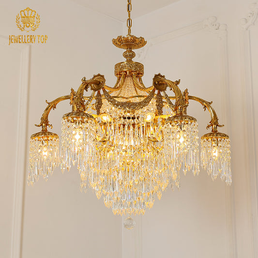 Full front view of the grand Galerie des Cristaux brass crystal chandelier from JEWELLERY TOP.