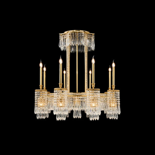 EGLIGHT Palais des Miroirs brass crystal chandelier, symmetrical with candle bulbs on black.