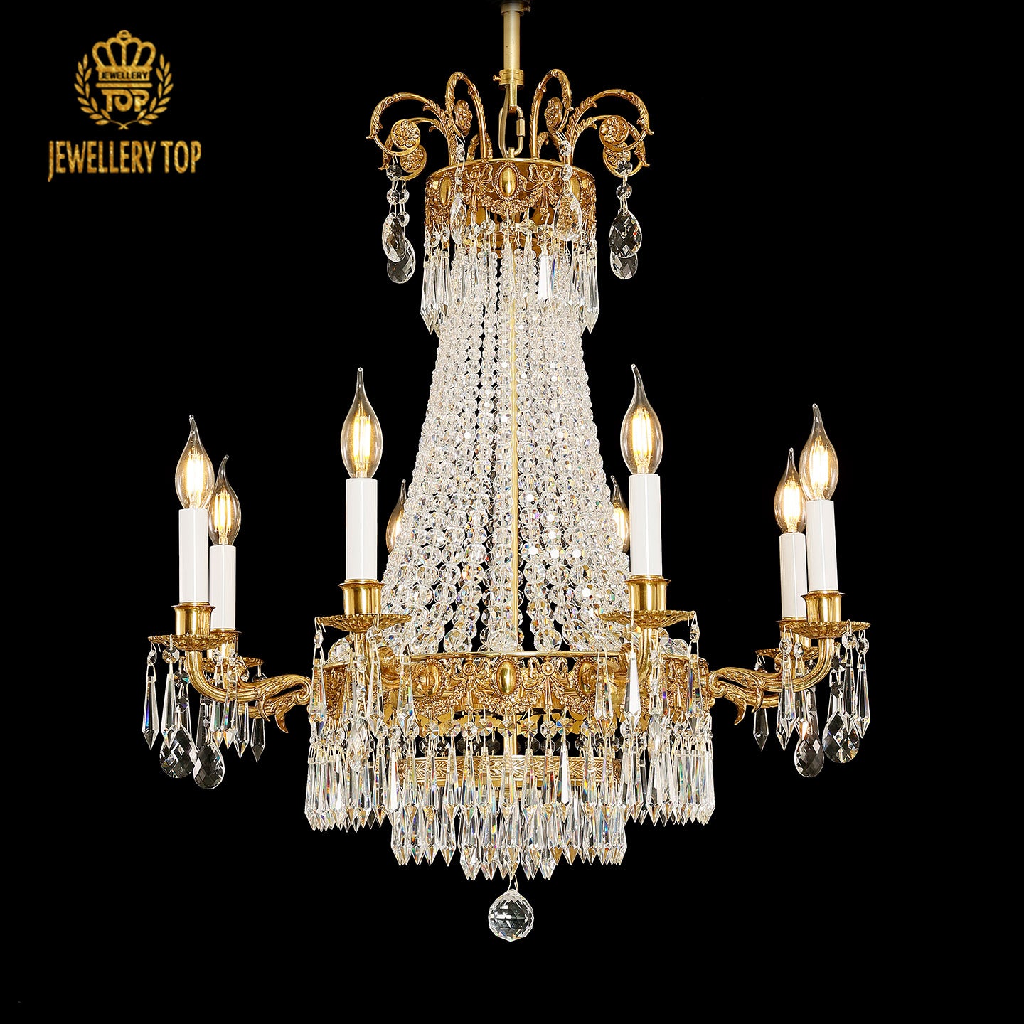 Fontainebleau Galerie François Ier brass crystal chandelier on black background, JEWELLERY TOP.