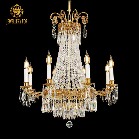 Fontainebleau Galerie François Ier brass crystal chandelier on black background, JEWELLERY TOP.