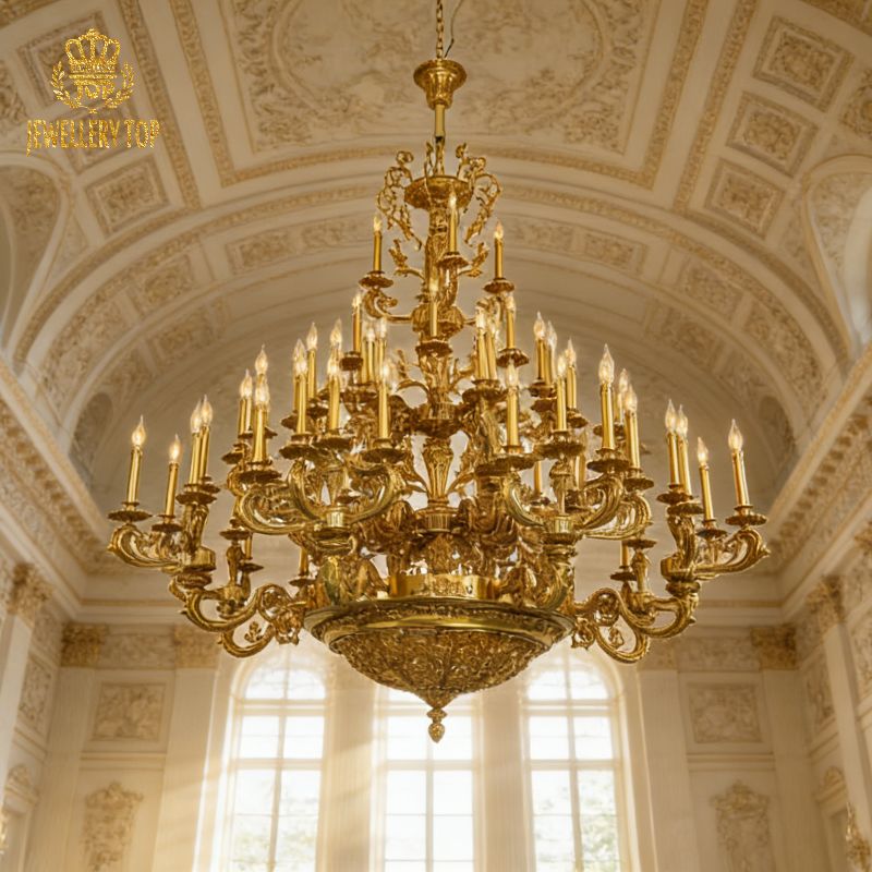 Large gold brass chandelier installed under a decorated ceiling in a classic interior.