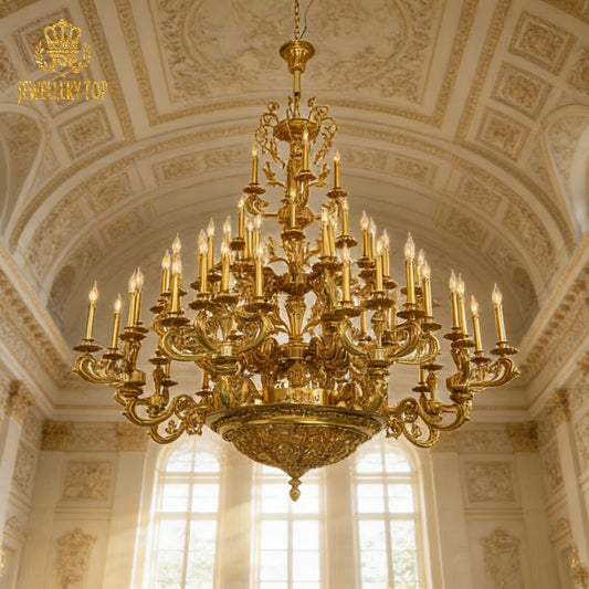 Large gold brass chandelier installed under a decorated ceiling in a classic interior.