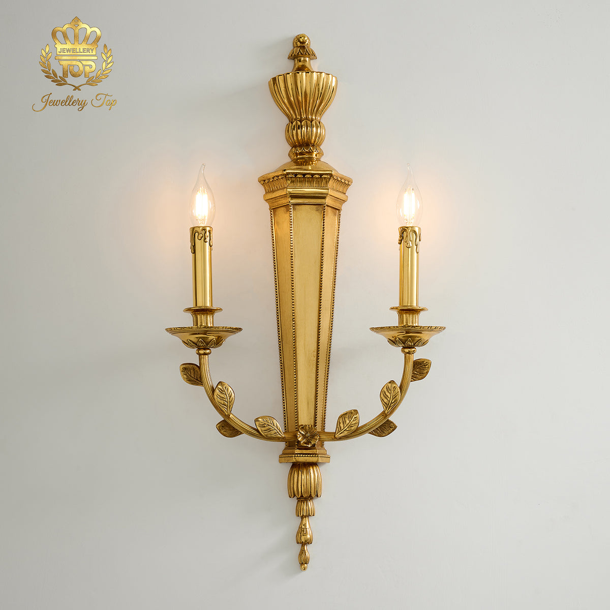 Front view of the George III Girandole two-light solid brass wall sconce by Jewellery Top