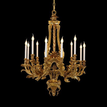 Versailles Royale Bougie brass chandelier with multiple candle bulbs on a black background.