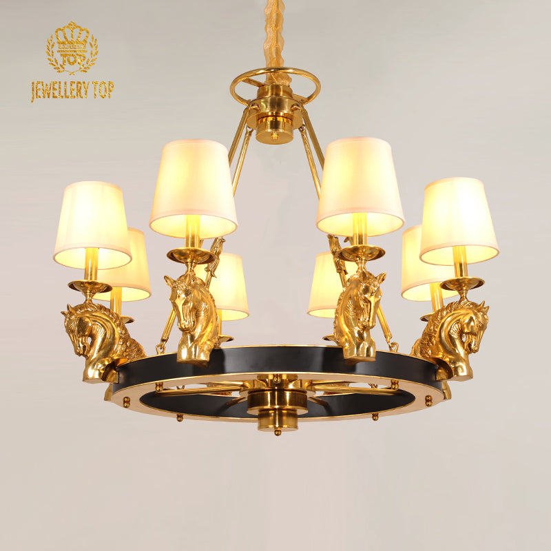 JEWELLERY TOP brand's art decorative chandelier showcasing detailed horse head sculptures and elegant linen shades.