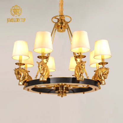 JEWELLERY TOP brand's art decorative chandelier showcasing detailed horse head sculptures and elegant linen shades.