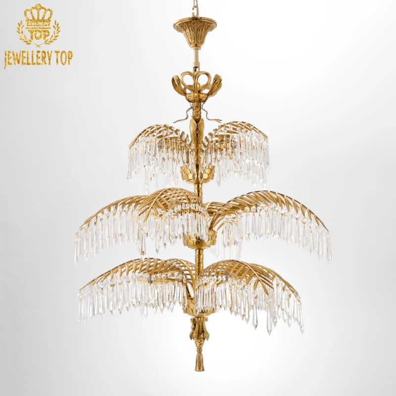 French palm leaves brass chandelier with crystal fringes on white background, JEWELLERY TOP.