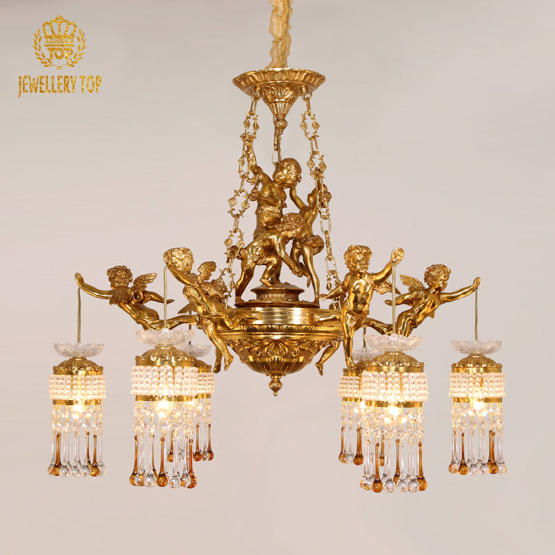 JEWELLERY TOP branded brass and crystal chandelier featuring detailed cupid statues.