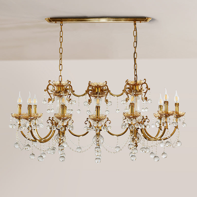 Angled perspective highlighting the symmetrical arrangement of six light sources and the elaborate metalwork canopy.