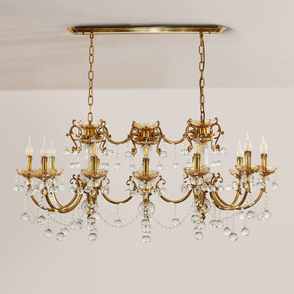 Angled perspective highlighting the symmetrical arrangement of six light sources and the elaborate metalwork canopy.