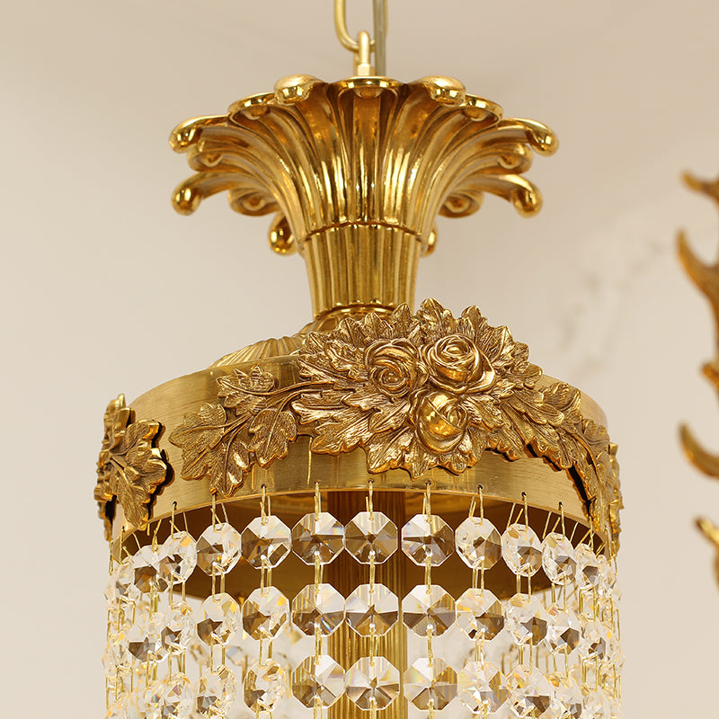 Extreme detail shot focusing on the top canopy of the chandelier, featuring the large rose medallion and acanthus leaf motifs.