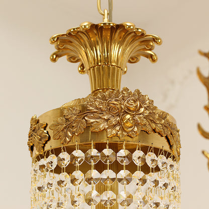 Extreme detail shot focusing on the top canopy of the chandelier, featuring the large rose medallion and acanthus leaf motifs.