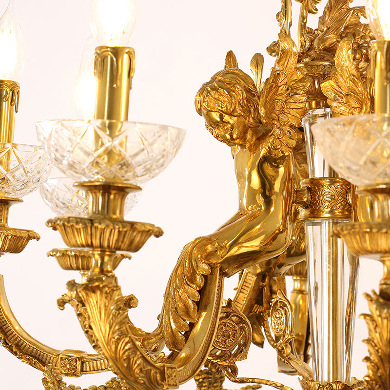 Extreme detail shot of the ornate solid brass arm with acanthus leaf carvings.