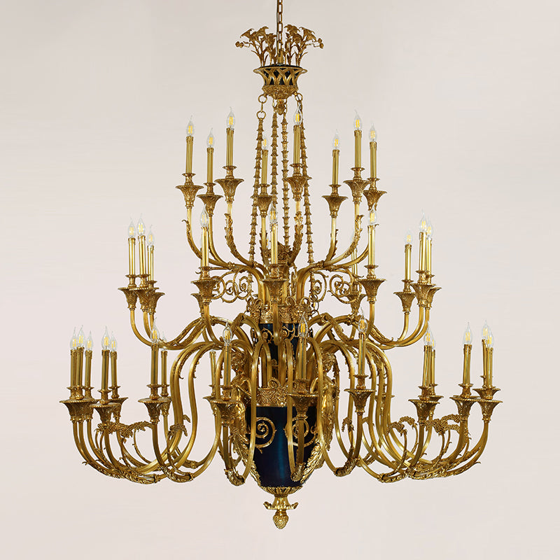 A multi-tiered, ornate large brass chandelier with intricate metalwork, brand JEWELLERY TOP.