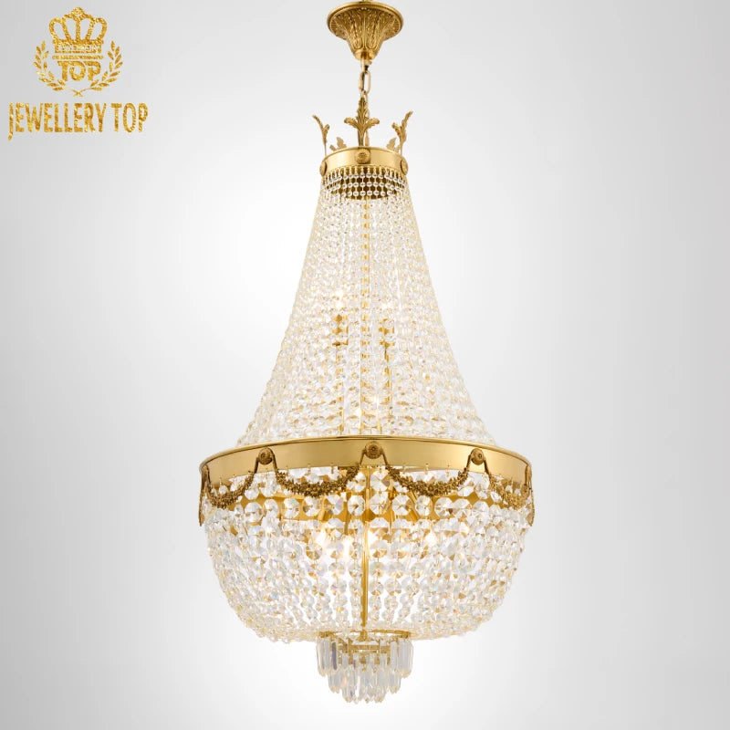 Hanging brass chandelier with inverted cone crystal design, brand JEWELLERY TOP visible.
