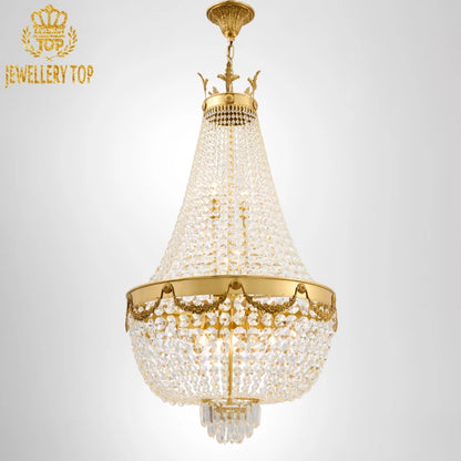 Hanging brass chandelier with inverted cone crystal design, brand JEWELLERY TOP visible.