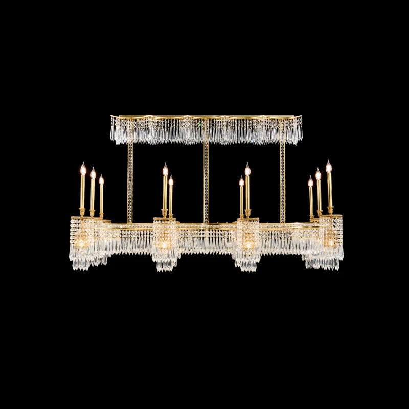 Galaxie de Versailles brass and crystal chandelier with arched arms on black background, brand GKK1979.