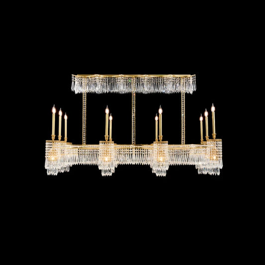 Galaxie de Versailles brass and crystal chandelier with arched arms on black background, brand GKK1979.